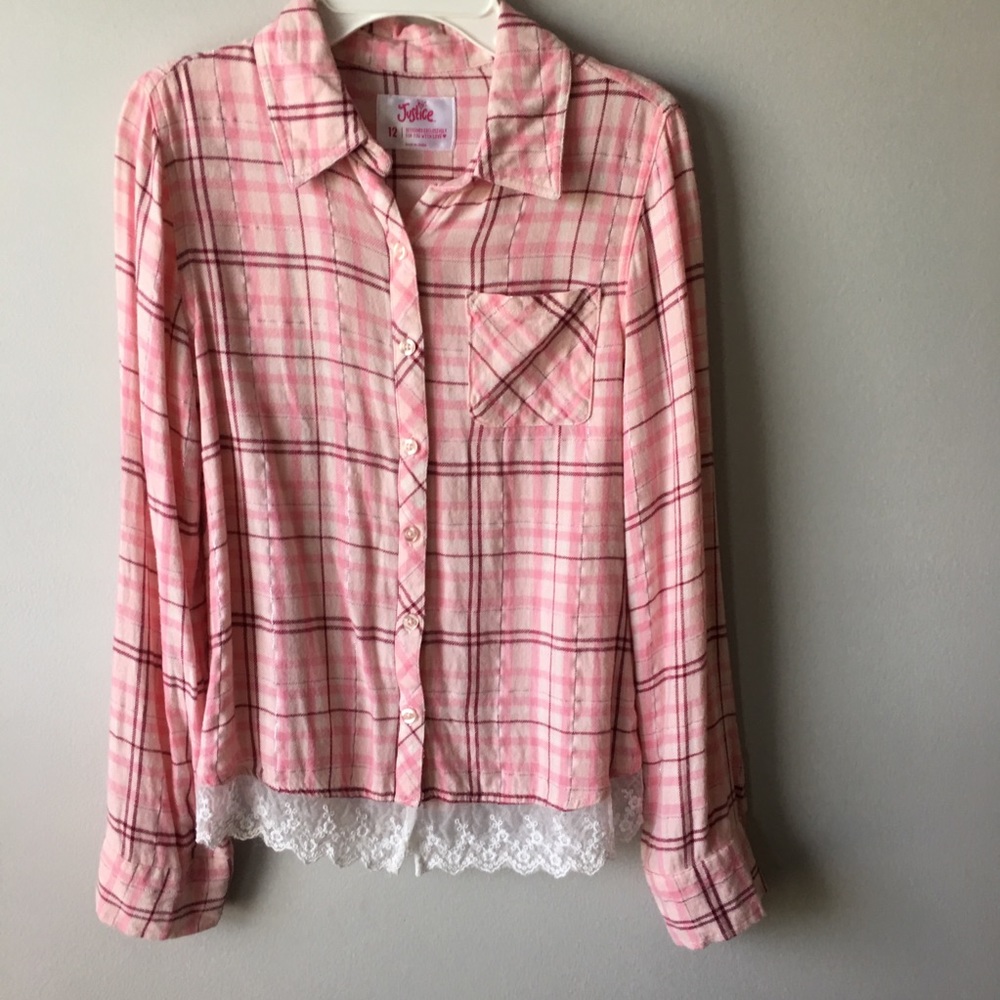 Justice size 12 lace trimmed pink plaid shirt